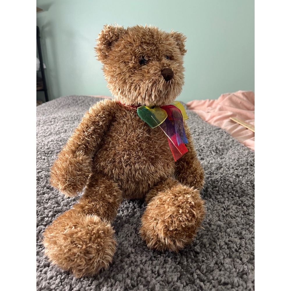 Gund Bearessence 4890 Teddy Bear Brown Shaggy Plush Rainbow Ribbon 12 Inch